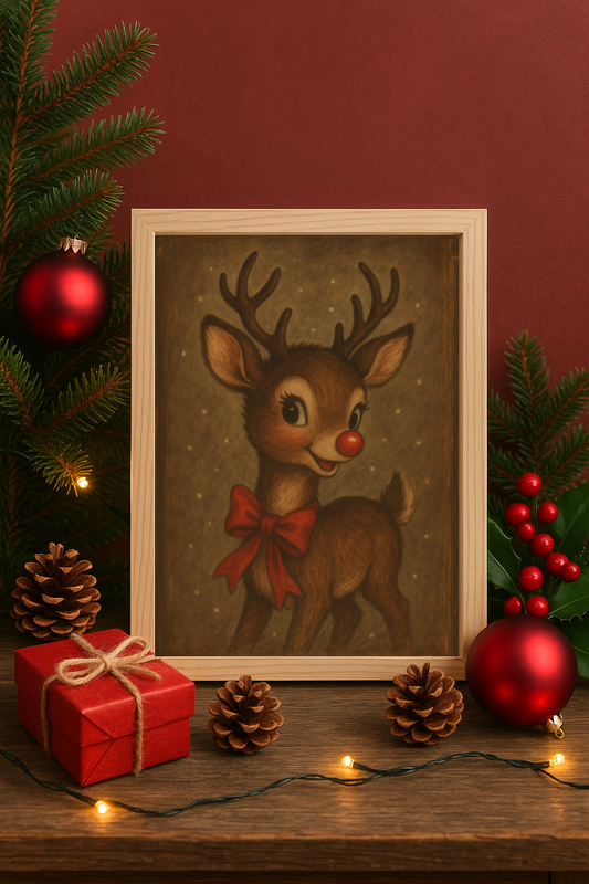 Vintage Christmas Red Bow Reindeer Wall Art – Festive Holiday Deer Print