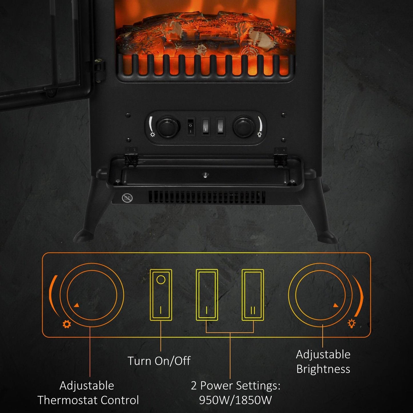 Freestanding Electric Fire Place Indoor Heater Glass View Log Wood Burning Effect Flame Portable Fireplace Stove 950/1850W