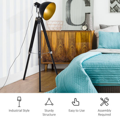 Industrial Floor Lamp for Living Room Tripod Spotlight Reading Lamp w/Wood Legs Metal Shade Adjustable Height Angle for Bedroom Home Office Black and Gold