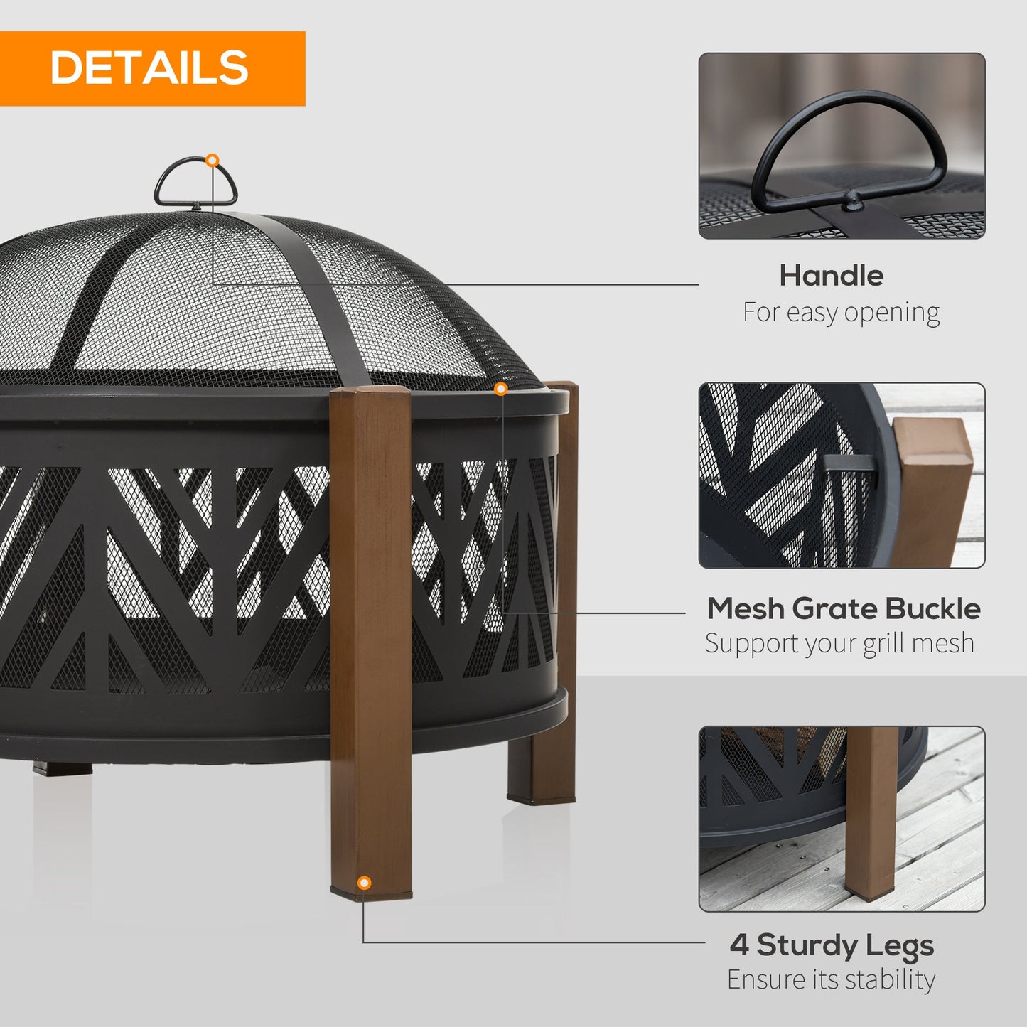 Outdoor Fire Pit with Grill Cooking Grate Screen Cover Fire Poker Bonfire Patio