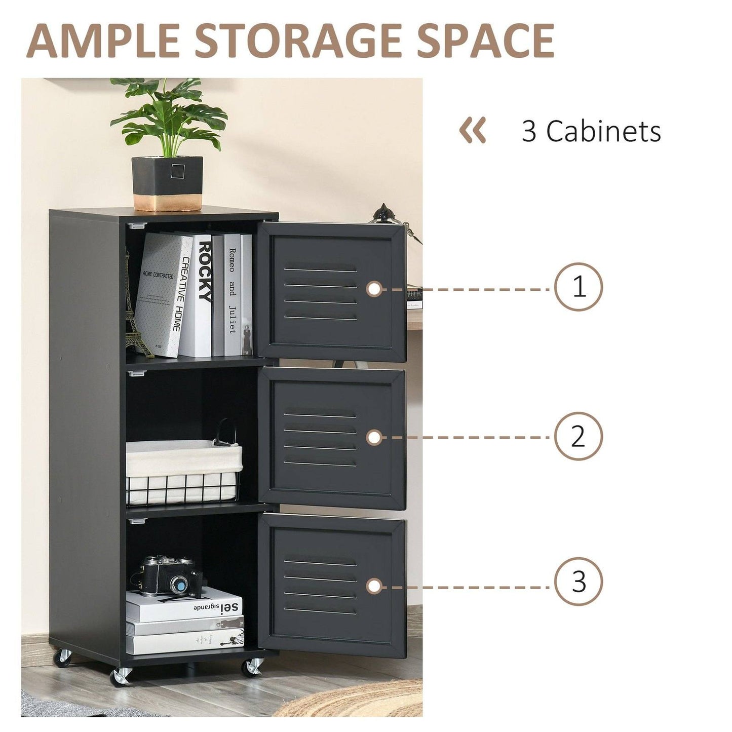 Rolling Storage Cabinet 3-Tier Mobile File Cabinet with Wheels & Metal Doors for Home Office