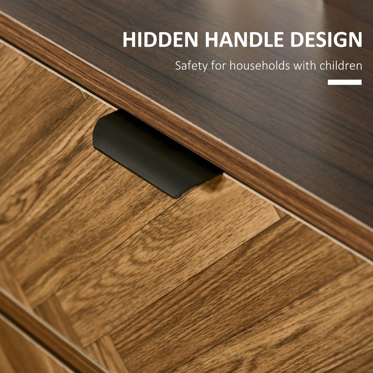 Side Cabinet Home Organizer With 2 Drawer Unit Herringbone Pattern Walnut Tone