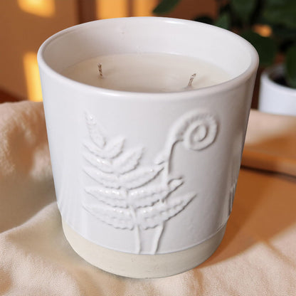 3-Wick Candle in White Ceramic Fern Pot | Velvet Tonka