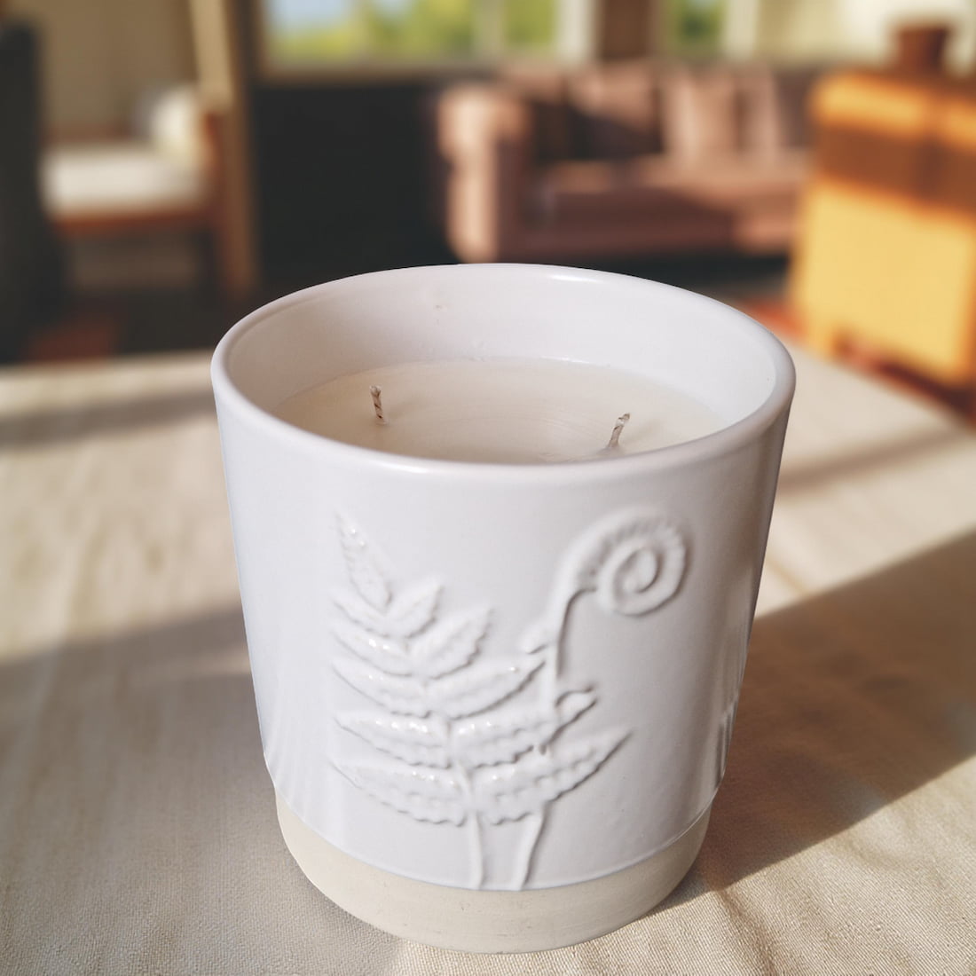 3-Wick Candle in White Ceramic Fern Pot | Velvet Tonka