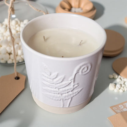 3-Wick Candle in White Ceramic Fern Pot | Velvet Tonka