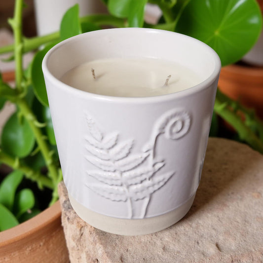 3-Wick Candle in White Ceramic Fern Pot | Velvet Tonka