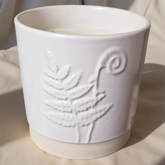 3-Wick Candle in White Ceramic Fern Pot | Velvet Tonka