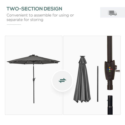 Garden Parasol Outdoor Tilt Sun Umbrella Patio 24 LED Light Hand Crank Grey
