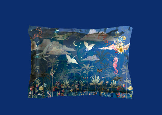 Blue Silk Pillowcase in hand painted 'Wonderous' print, Standard size Oxford Pillowcase