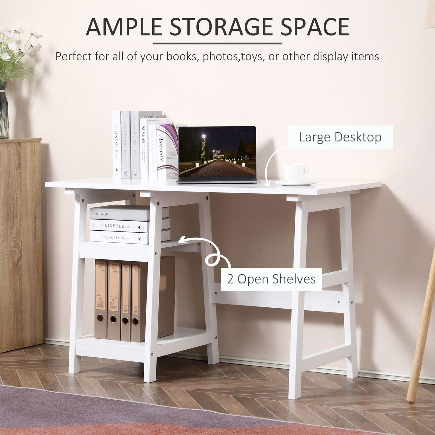 Computer Desk w/ Storage Shelf Study Table w/ bookshelf for Home Office White