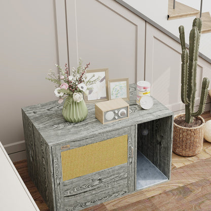 PawHut Boho Style Cat Litter Box Enclosure with Rattan Door, Scratching Mat