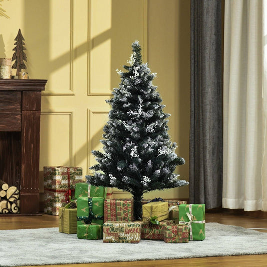 Homcom 4FT Artificial Snow Dipped Christmas Tree Xmas Pencil Tree Holiday Home Indoor Decoration with Foldable Feet Dark Green