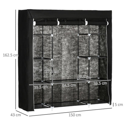 Fabric Wardrobe Portable Wardrobe With 10 Shelves 1 Hanging Rail Foldable Closets 150 X 43 X 162.5 cm Black
