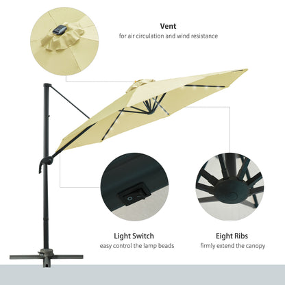 3M LED Cantilever Parasol Garden Sun Umbrella w/ Base and Solar Lights Beige