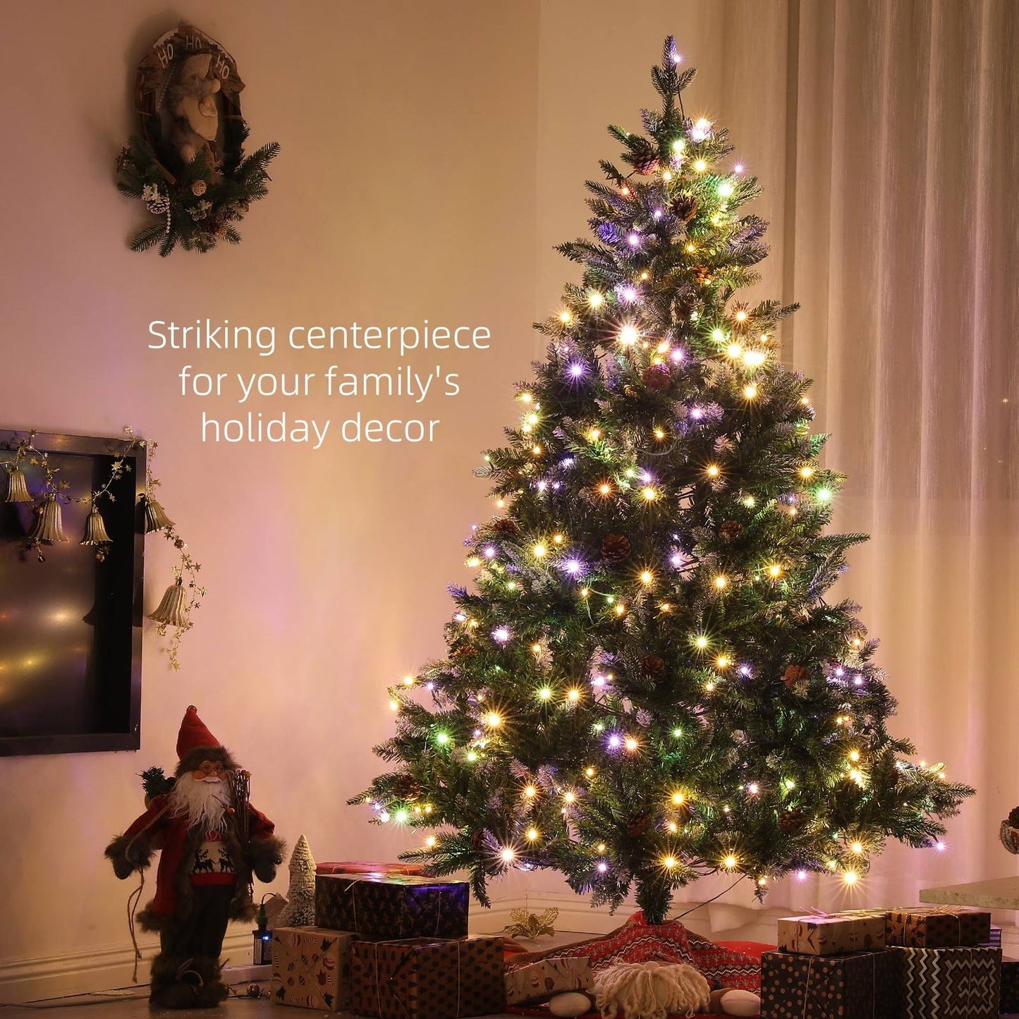 7ft Prelit Christmas Tree Artificial - White Frosted Green with LED Lights Multicoloured 1466 Tips