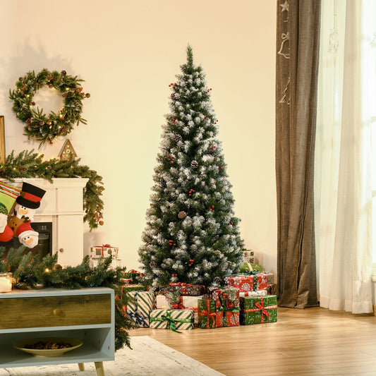 6FT Artificial Christmas Tree Foldable Feet Xmas Pencil Tree with Red Berries and Pinecones