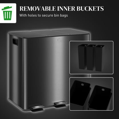 HOMCOM 3 x 15L Triple Kitchen Bin Pedal Bin for Recycling and Waste, Black