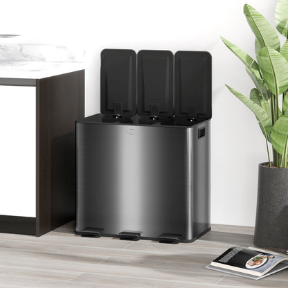 HOMCOM 3 x 15L Triple Kitchen Bin Pedal Bin for Recycling and Waste, Black