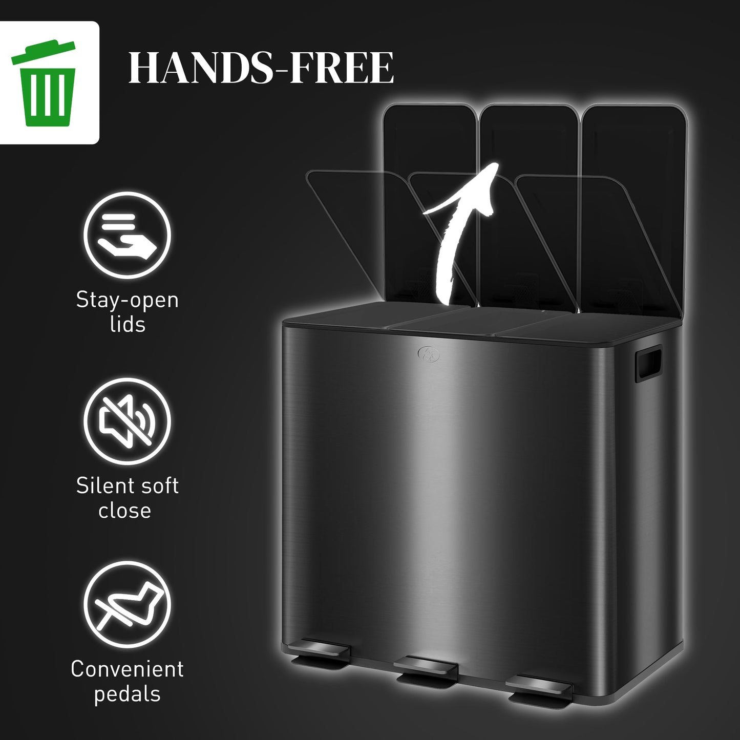 HOMCOM 3 x 15L Triple Kitchen Bin Pedal Bin for Recycling and Waste, Black