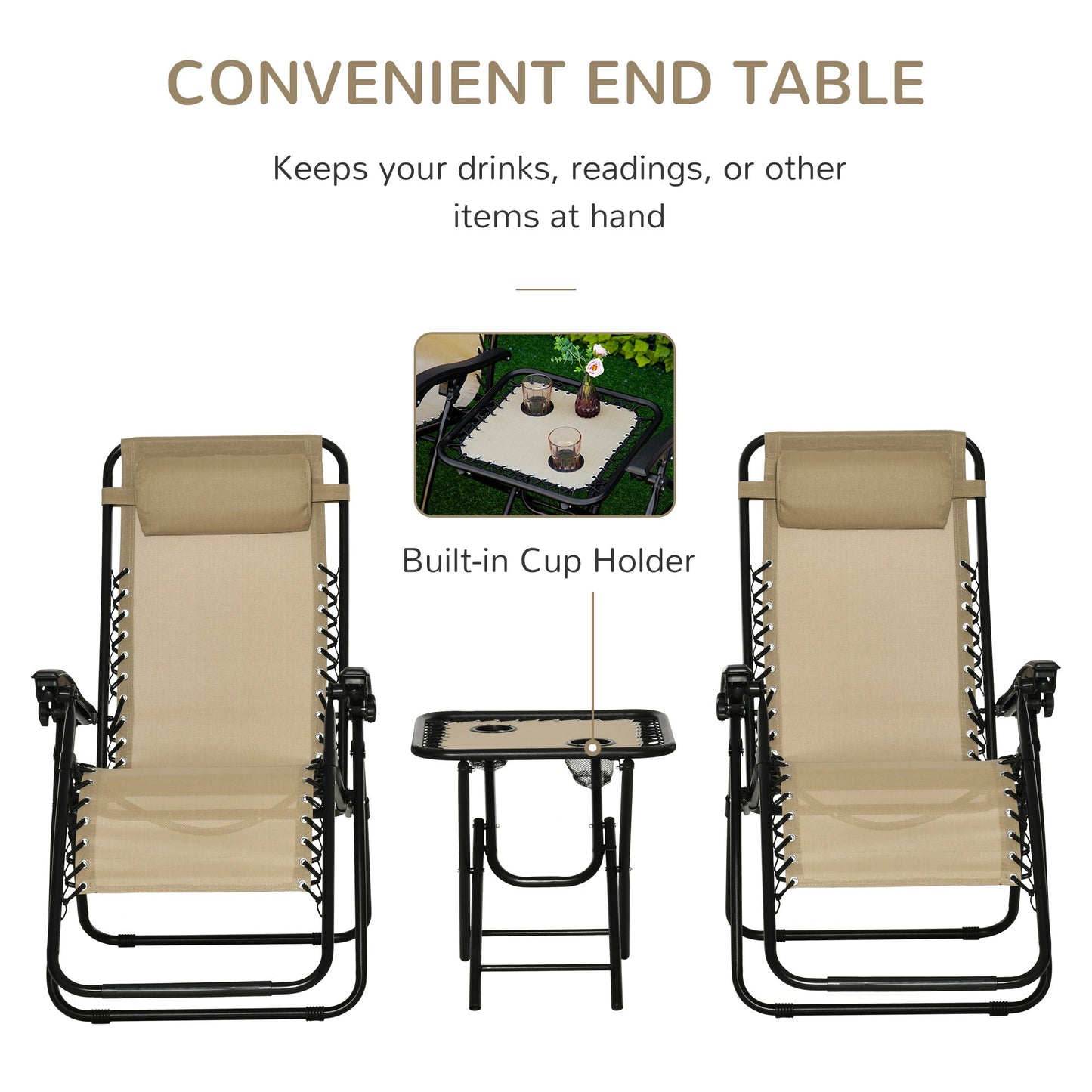 3-Piece Folding Zero Gravity Chairs Sun Lounger Table Set w/ Cup Holders Reclining Garden Yard Pool