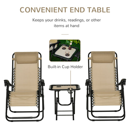 3-Piece Folding Zero Gravity Chairs Sun Lounger Table Set w/ Cup Holders Reclining Garden Yard Pool