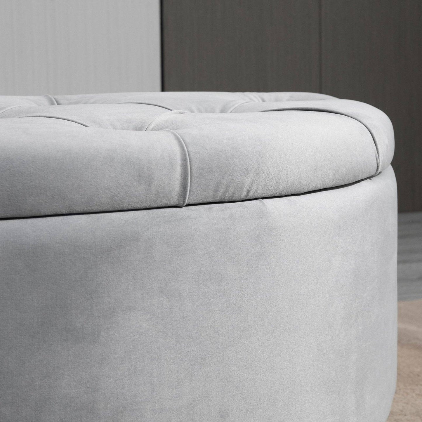 Semi-Circle Bed End Bench Ottoman with Storage Tufted Upholstered Accent Seat Footrest Stool with Rubberwood Legs for Bedroom & Entryway