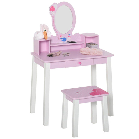 Kids Wooden Dressing Table and Stool Make Up Desk Pink