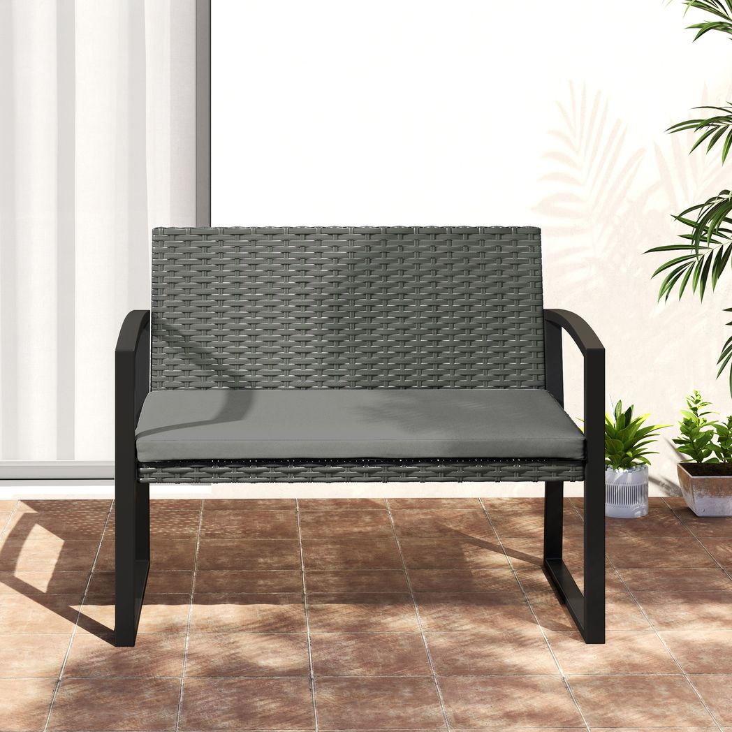 Outsunny 2 Seater Rattan Garden Bench with Cushion, Steel Frame
