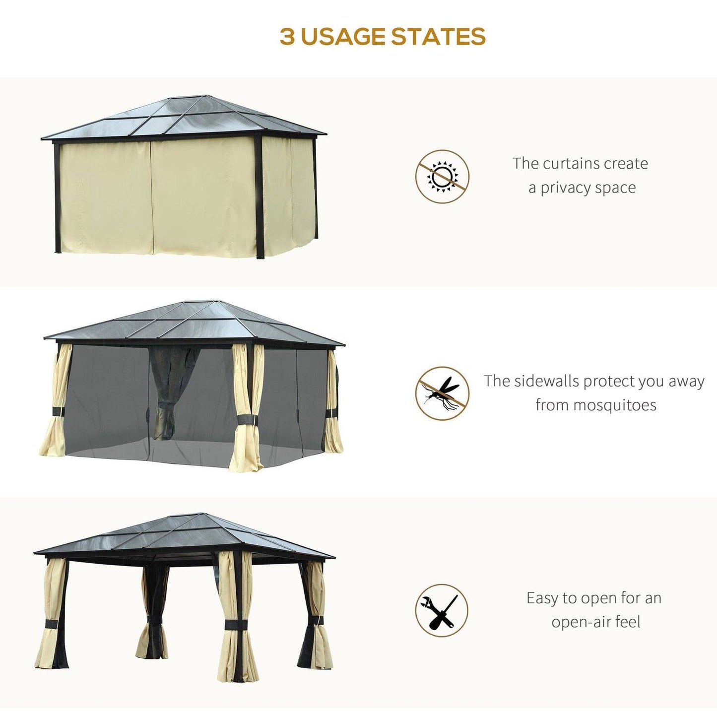 3.6 x 4m Hardtop Gazebo Canopy with Polycarbonate Roof and Aluminium Frame