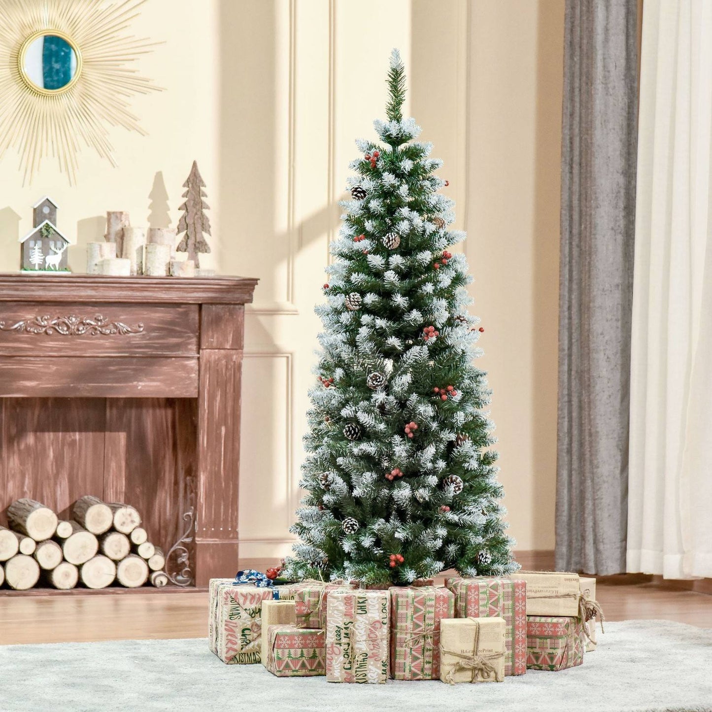 Homcom 5FT Artificial Christmas Tree Xmas Pencil Tree with Red Berries and Pinecones Holiday Home Indoor Decoration with Foldable Feet