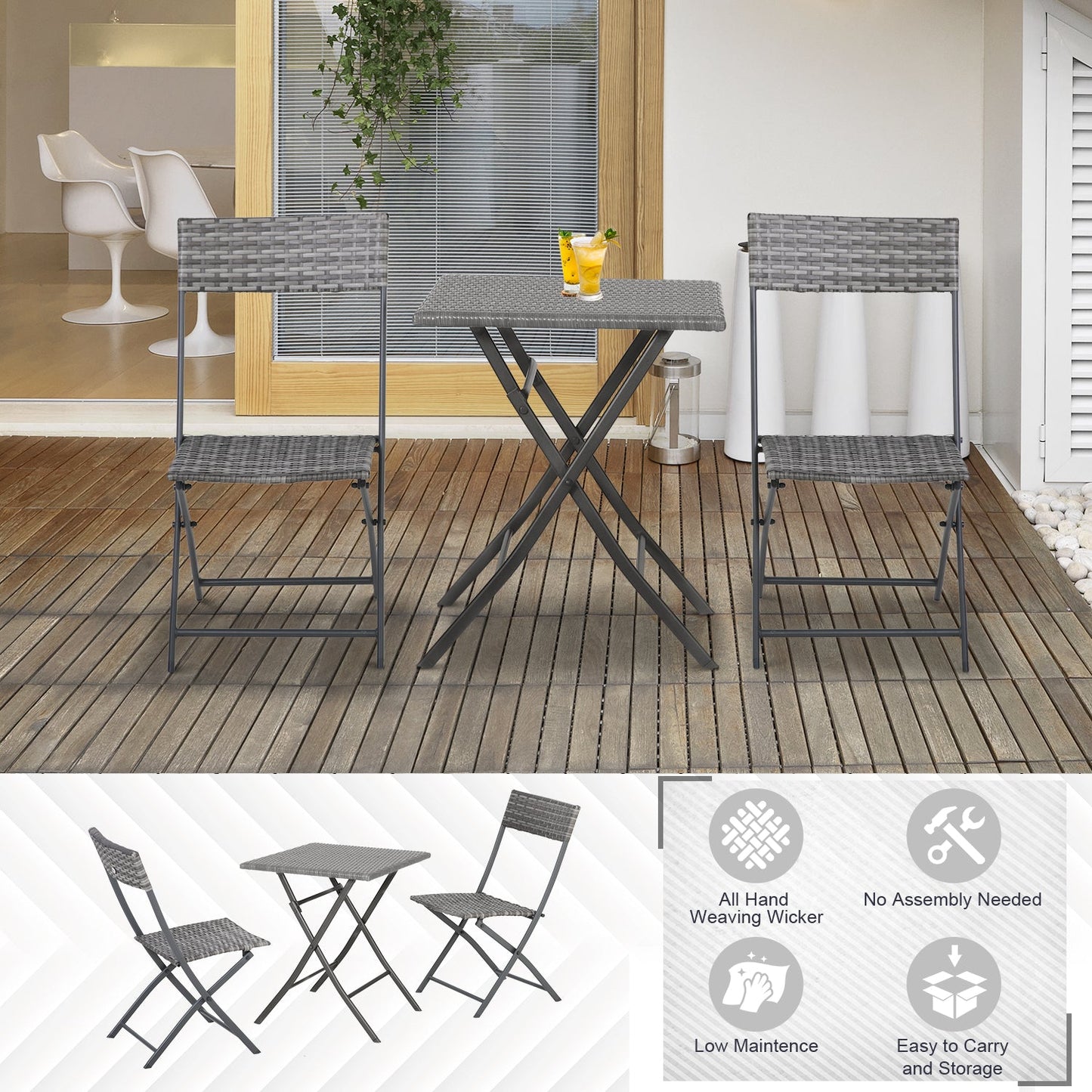 2 Seater Chair Bistro Set Garden Patio Table & Chair Black Rattan Furniture Grey