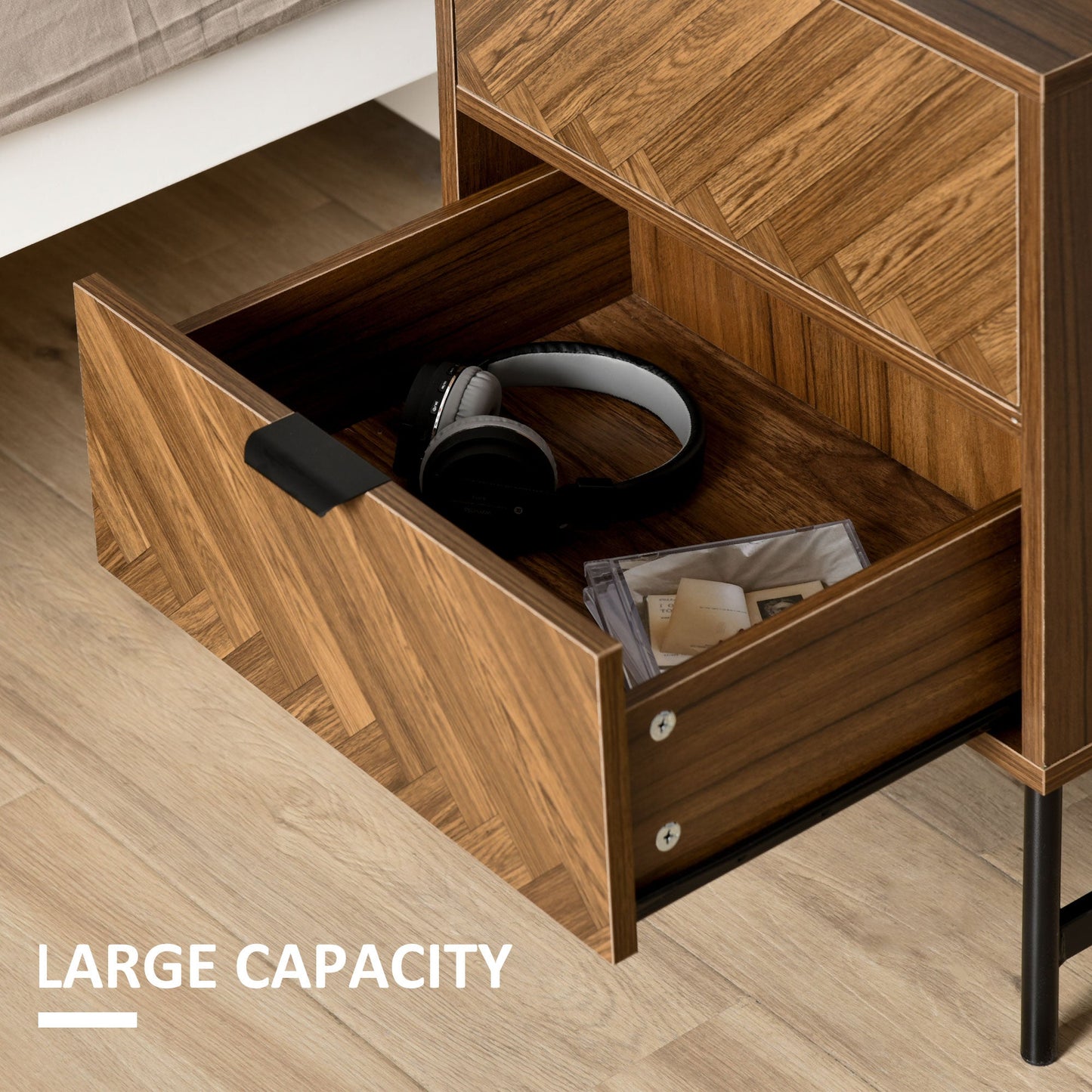 Side Cabinet Home Organizer With 2 Drawer Unit Herringbone Pattern Walnut Tone