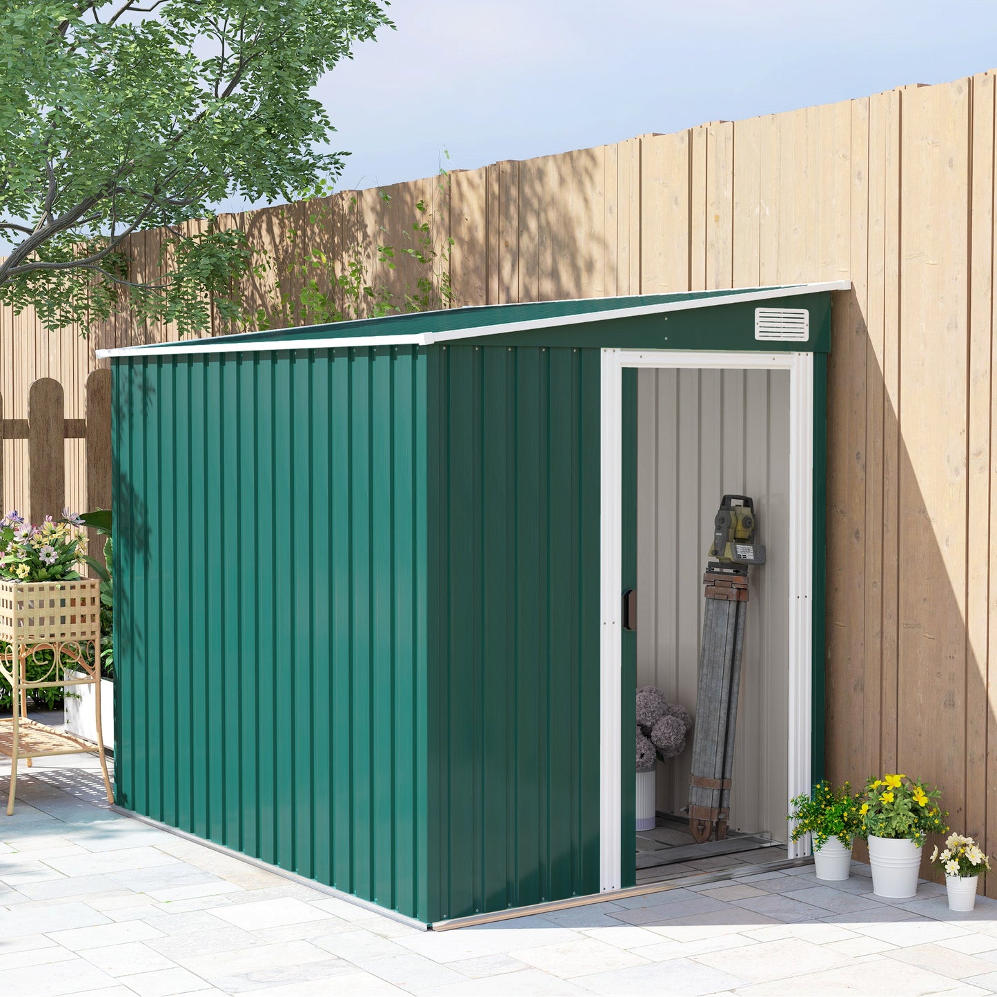 Outsunny 7 x 5FT Garden Shed w/ Foundation Lean to Metal Tool Shed Green