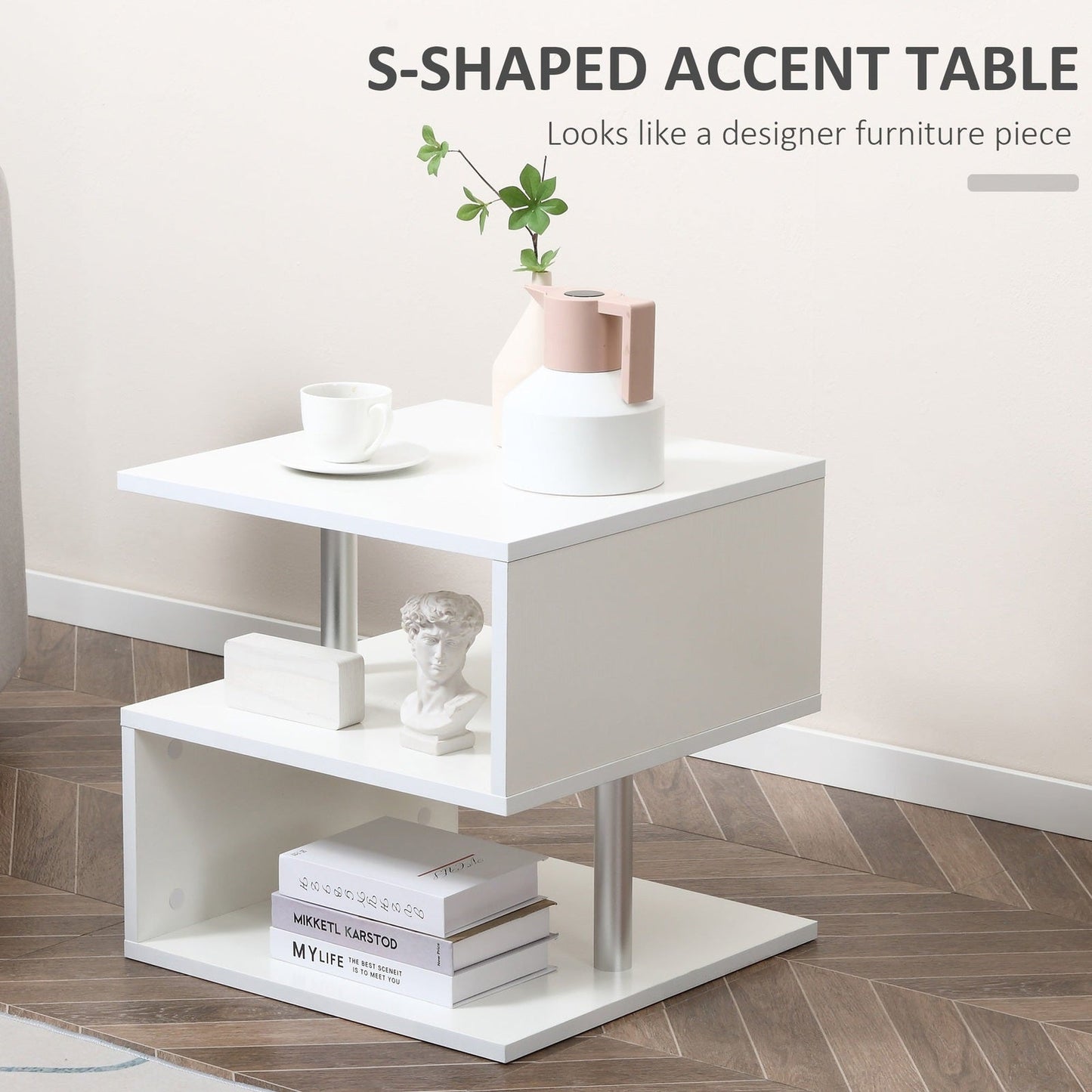 Coffee End Table S shape 2 Tier Storage Shelves Organizer Versatile Home office furniture White