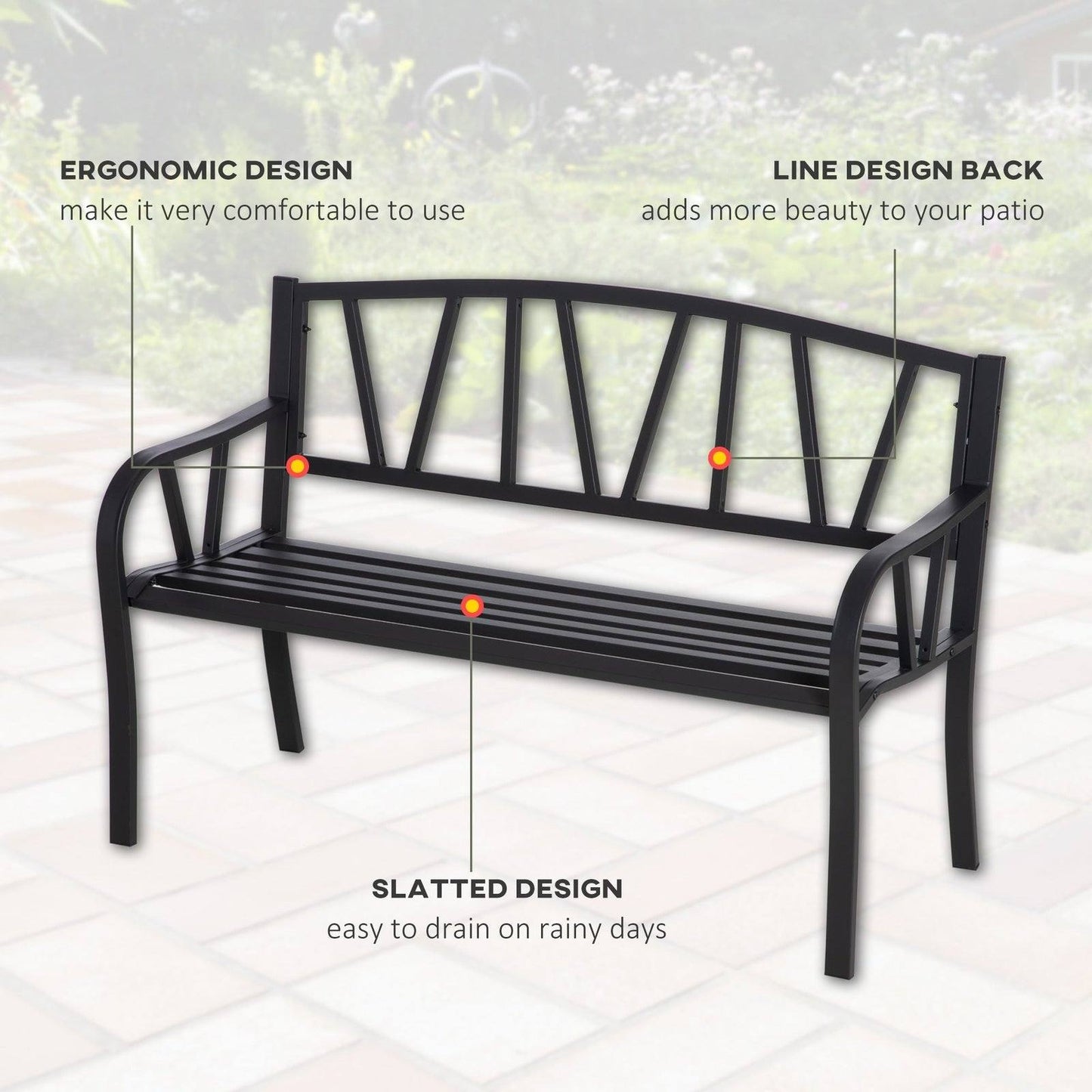 2 Seater Garden Bench Metal Loveseat w/ Decorative Backrest Ergonomic Armrest