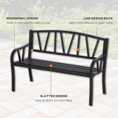 2 Seater Garden Bench Metal Loveseat w/ Decorative Backrest Ergonomic Armrest
