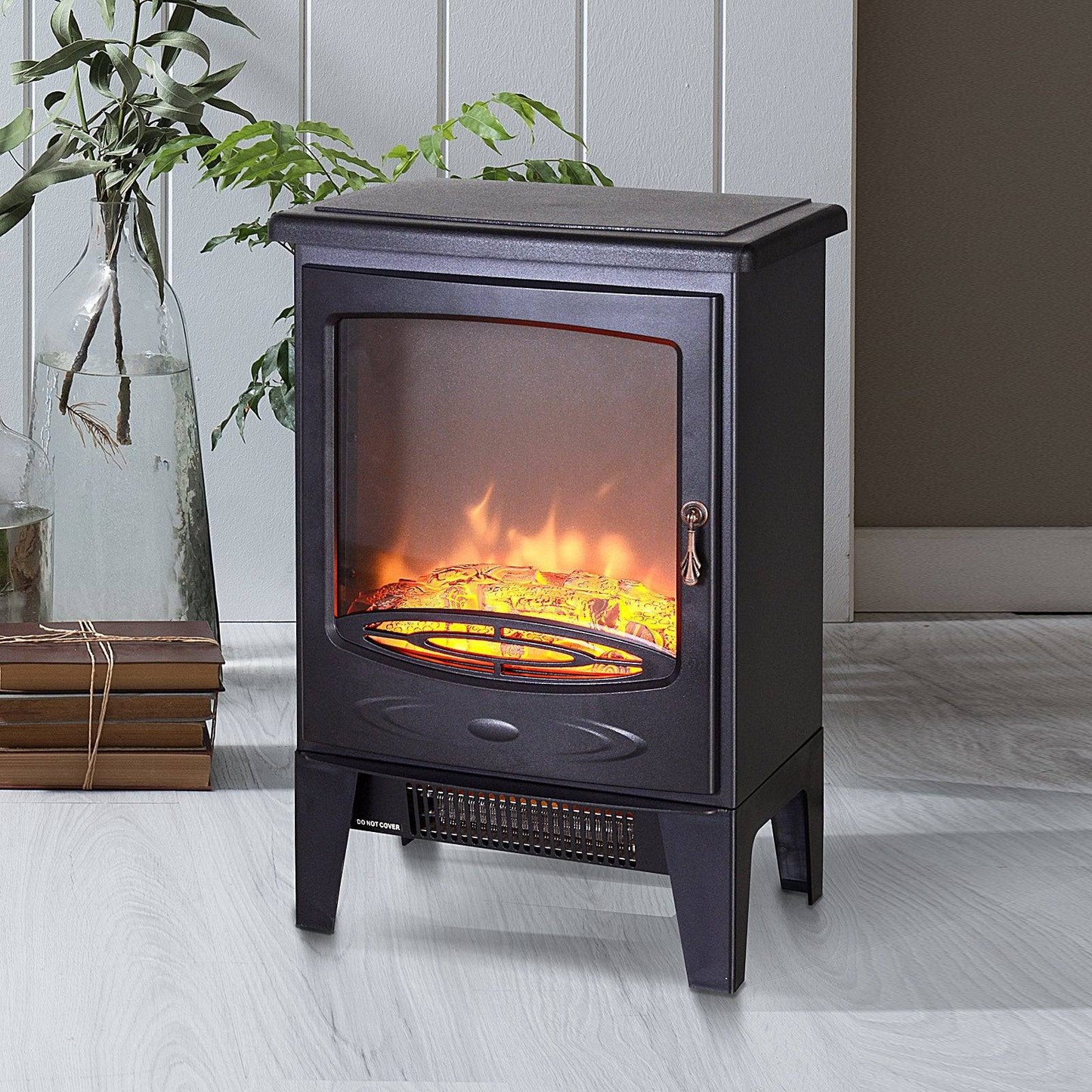 Electric Heater Freestanding Fireplace Artificial Flame Effect w/ Safety Thermostat 950w/1850W Tempered Glass Casing-Black