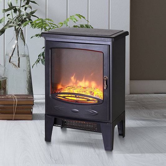 Electric Heater Freestanding Fireplace Artificial Flame Effect w/ Safety Thermostat 950w/1850W Tempered Glass Casing-Black