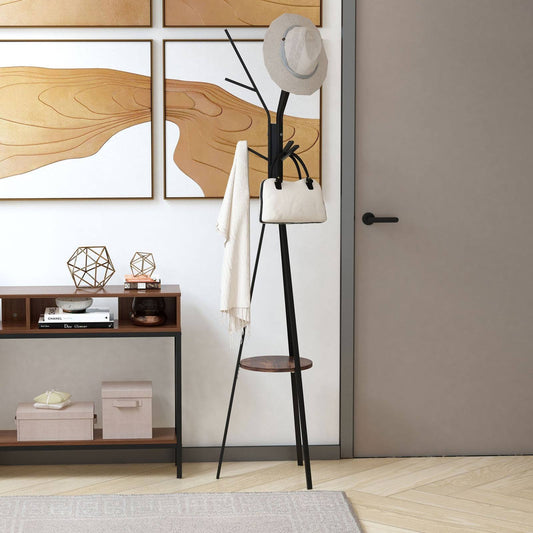 Free Standing Metal Coat Rack Stand 9 Hooks With Shelf In Brown