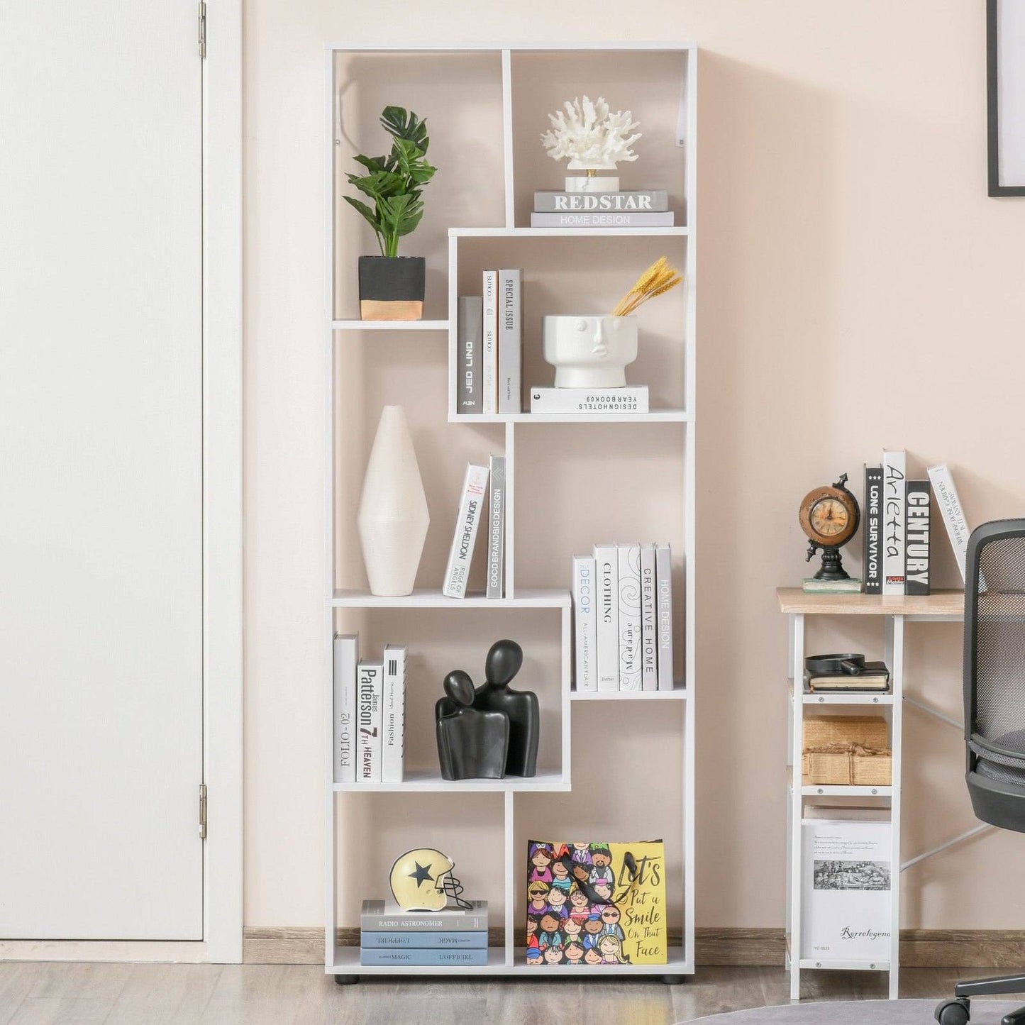 Homcom 8-Tier Freestanding Bookcase W/ Melamine Surface Anti-Tipping Foot Pads Home Display Storage Grid Stand Bedroom Living Room Furniture Modern Style - White