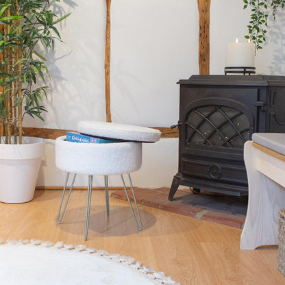 Cream H46 x D37cm Round Boucle Storage Footstool