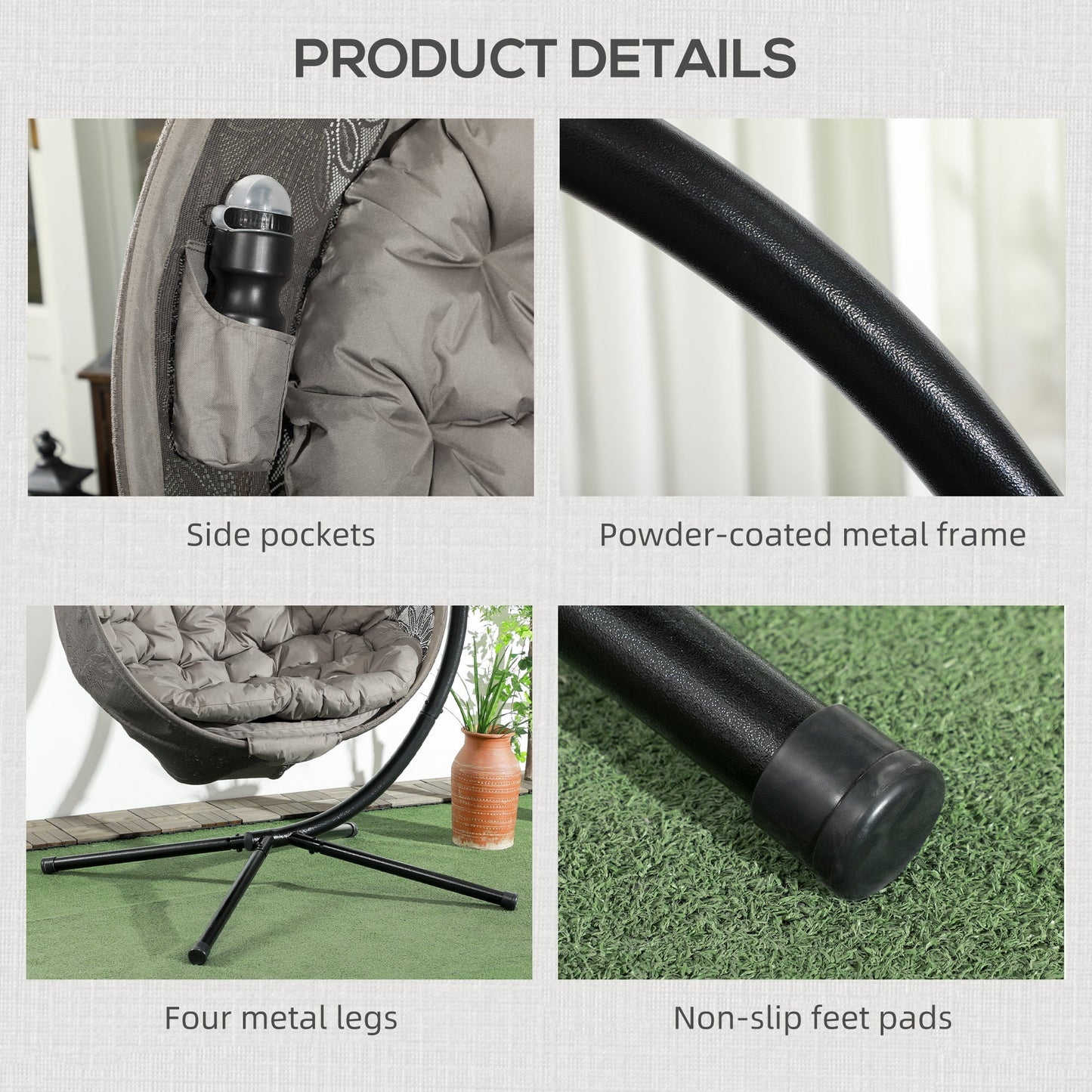 Outsunny Hanging Swing Chair w/ Metal Stand & Side Pocket, Sand