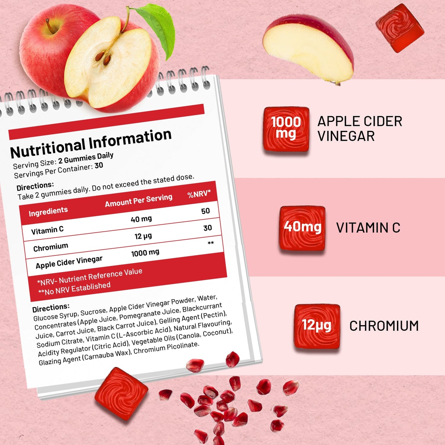 Vegan Apple Cider Vinegar Gummies | Apple Flavour | High Strength 1000mg with Vitamin C, Chromium and Pomegranate