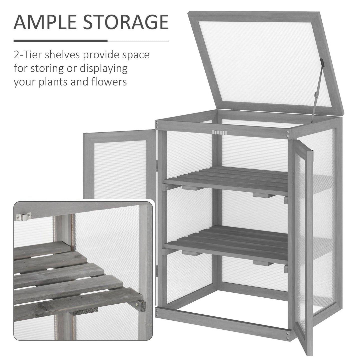 3-tier Wood Greenhouse Garden Polycarbonate Cold Frame Grow House w/ Storage Shelf for Plants