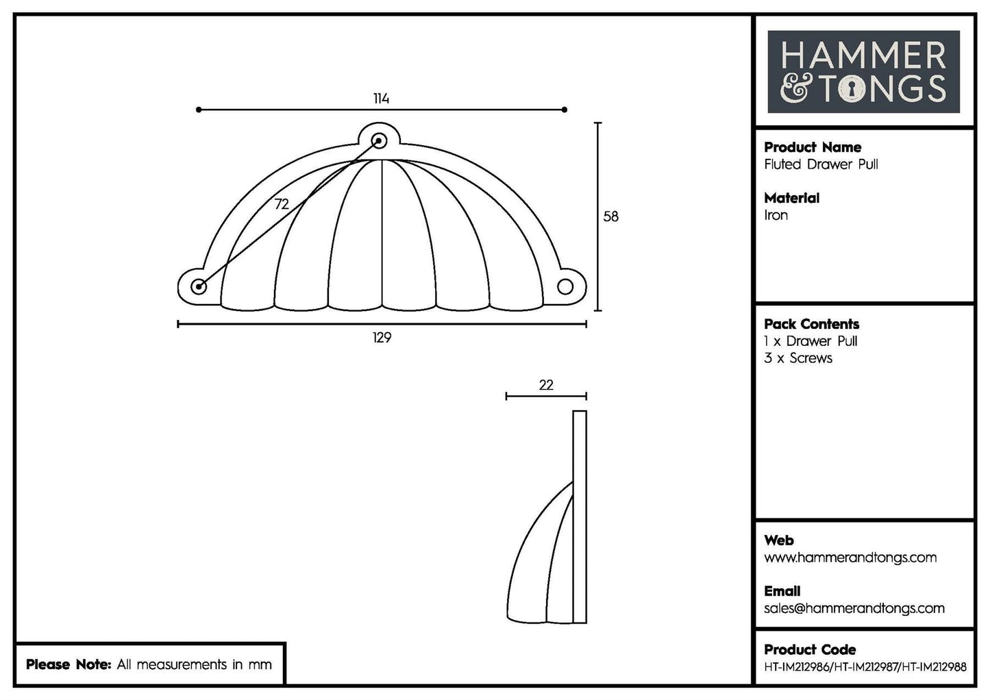 130mm x 60mm Fluted Cabinet Cup Handle