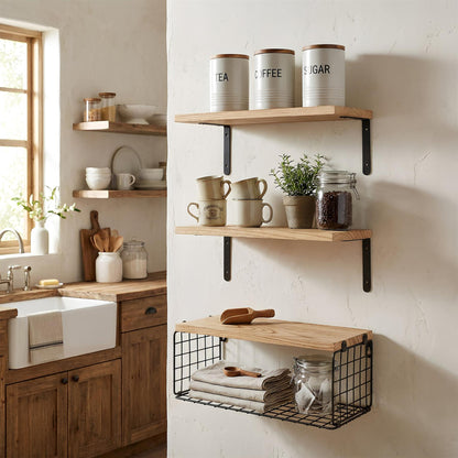 Set of 3 Rustic Wooden Bathroom Shelves with Wire Storage Basket