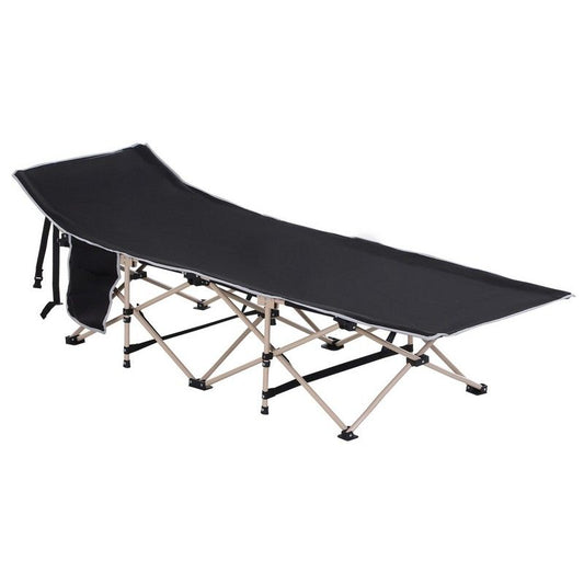 Single Person Camping Bed Folding Cot Outdoor Patio Portable Military Sleeping Bed Travel Guest Leisure Fishing With Side Pocket And Carry Bag - Black
