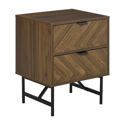 Side Cabinet Home Organizer With 2 Drawer Unit Herringbone Pattern Walnut Tone