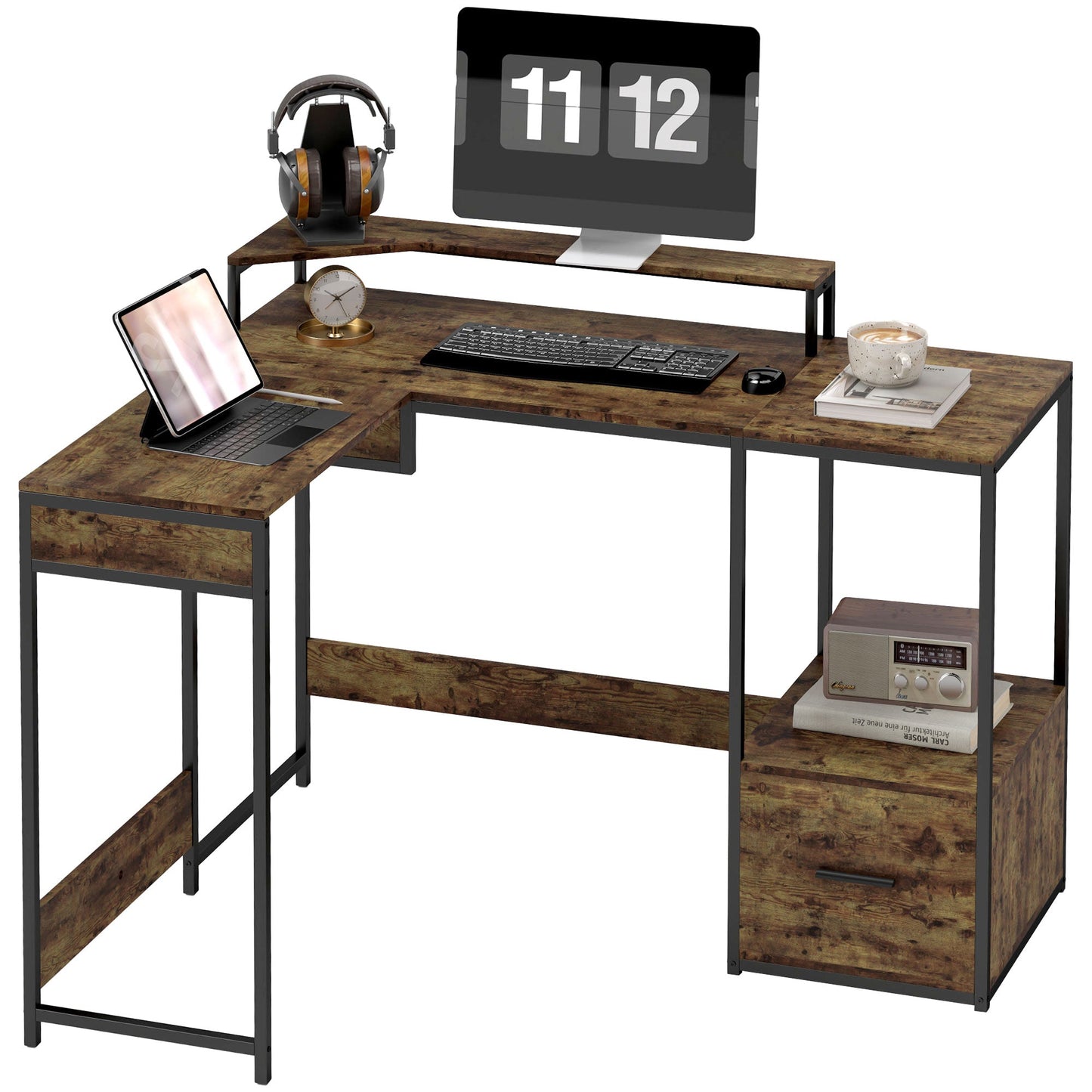 HOMCOM L Shaped Desk, Computer Table with Liftable Desktop, Charcoal