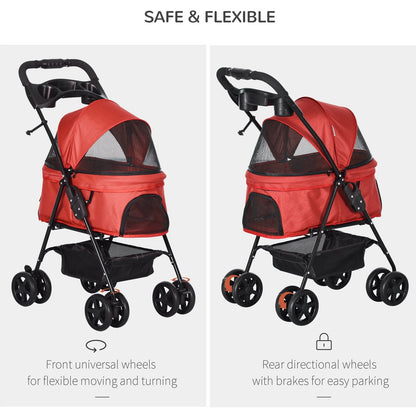 PawHut Dog Stroller Pet Cat Travel Pushchair One-Click Fold Trolley Jogger with EVA Wheels Brake Basket Adjustable Canopy Safety Leash for Small Dogs